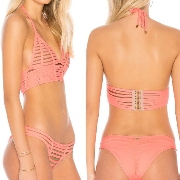 Beach Bunny Hard Long Line Triangle Bikini Two Piece Swimsuit Light Coral Large